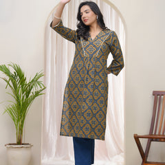 Blue Ajkakh Printed Gathered Style V Neckline Kurti With Embroidered Yoke