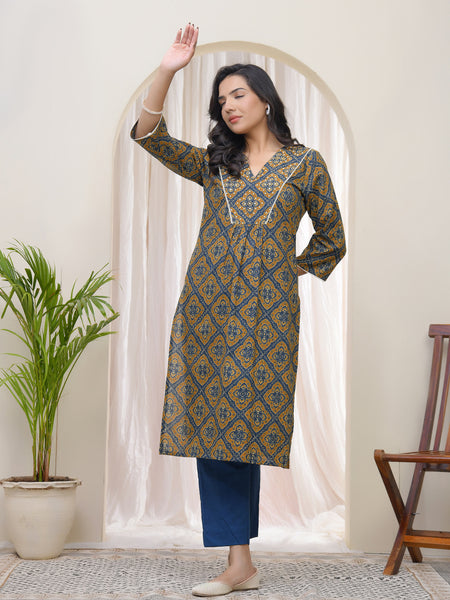 Blue Ajkakh Printed Gathered Style V Neckline Kurti With Embroidered Yoke