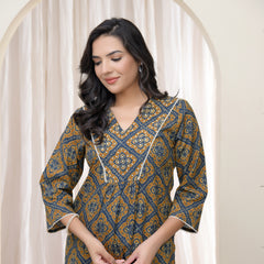 Blue Ajkakh Printed Gathered Style V Neckline Kurti With Embroidered Yoke