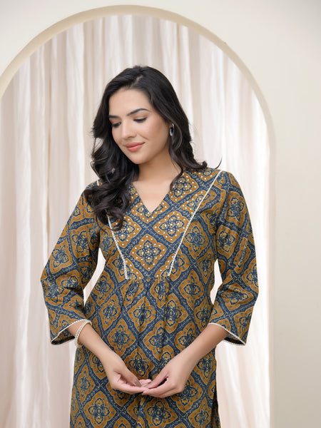 Blue Ajkakh Printed Gathered Style V Neckline Kurti With Embroidered Yoke