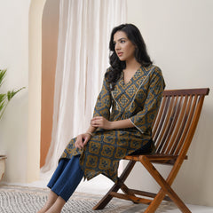 Blue Ajkakh Printed Gathered Style V Neckline Kurti With Embroidered Yoke