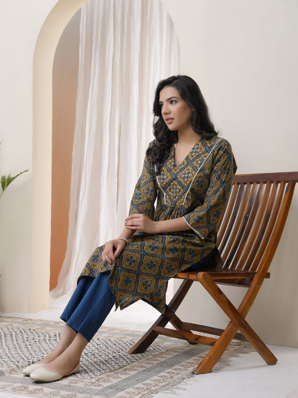 Blue Ajkakh Printed Gathered Style V Neckline Kurti With Embroidered Yoke