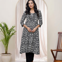 Black Floral Cotton printed gathered Kurti