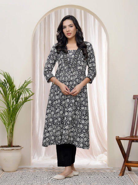 Black Floral Cotton printed gathered Kurti