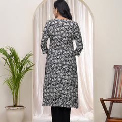Black Floral Cotton printed gathered Kurti
