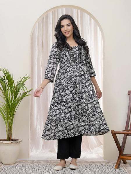 Black Floral Cotton printed gathered Kurti