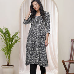 Black Floral Cotton printed gathered Kurti