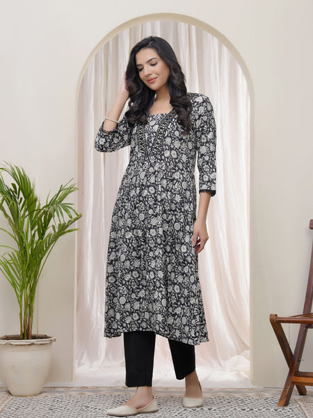 Black Floral Cotton printed gathered Kurti