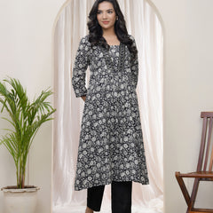 Black Floral Cotton printed gathered Kurti