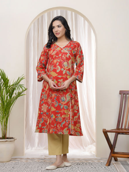 Women Red Cotton angrakha kurta