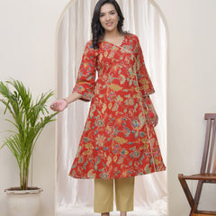 Women Red Cotton angrakha kurta