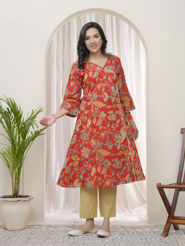Women Red Cotton angrakha kurta