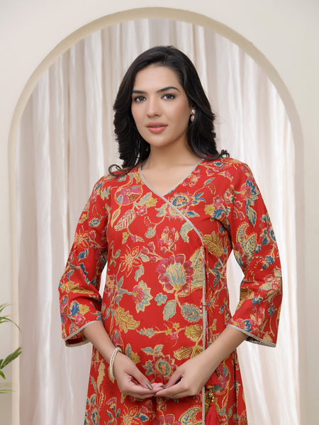 Women Red Cotton angrakha kurta