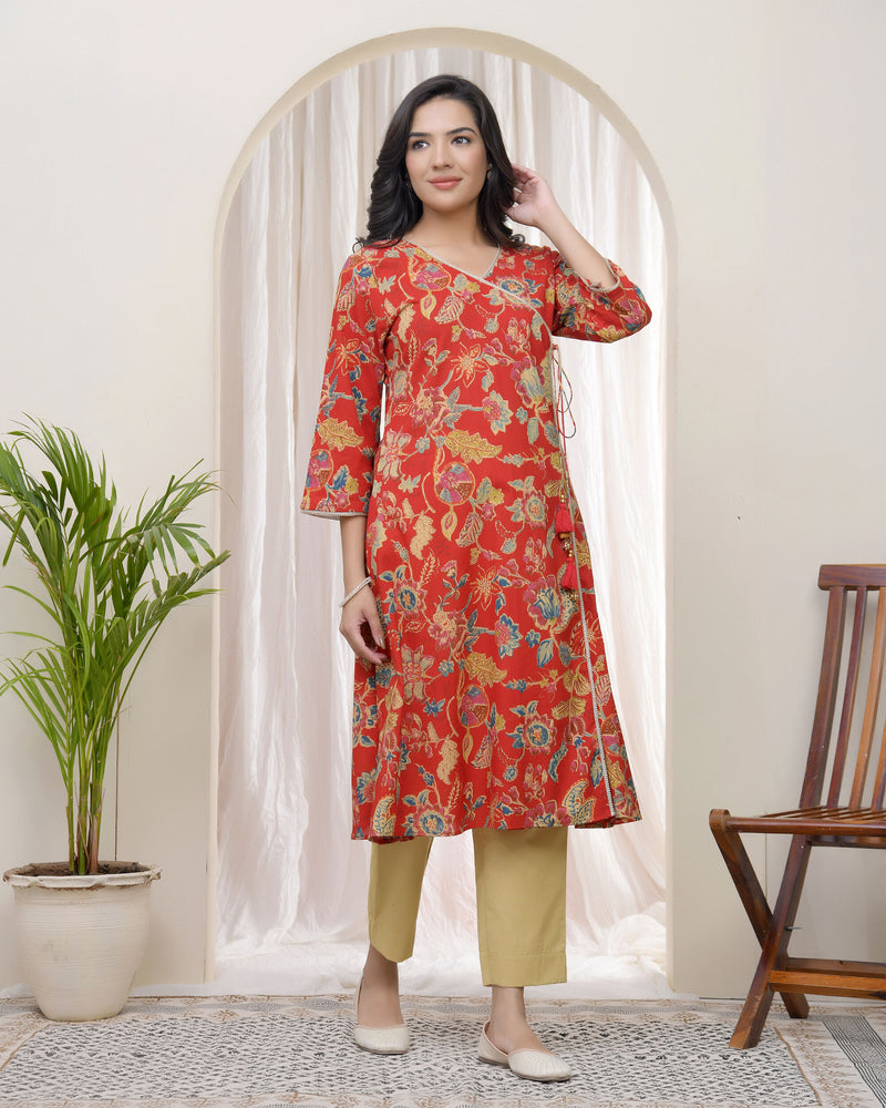 Women Red Cotton angrakha kurta