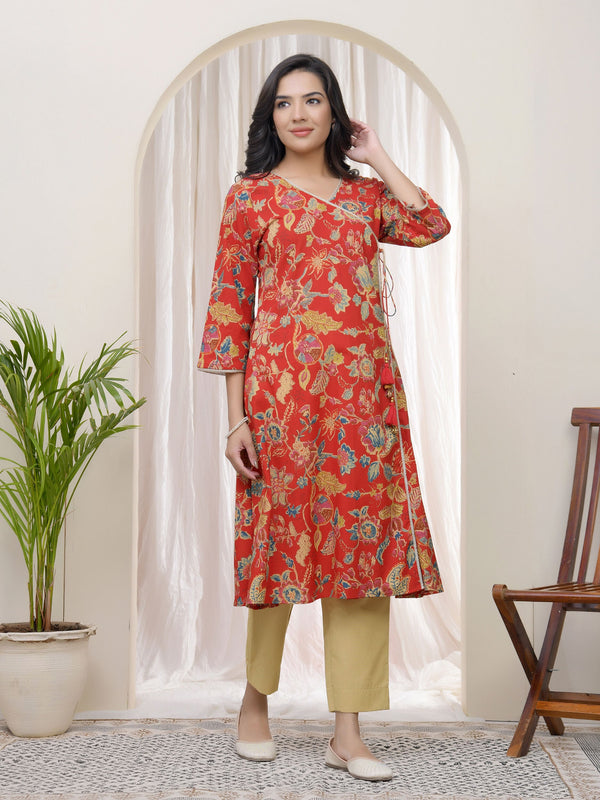 Women Red Cotton angrakha kurta