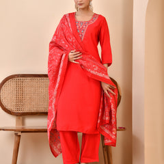 Chanderi Madder Solid Embroidered Kurta Pant And Printed Dupatta Set