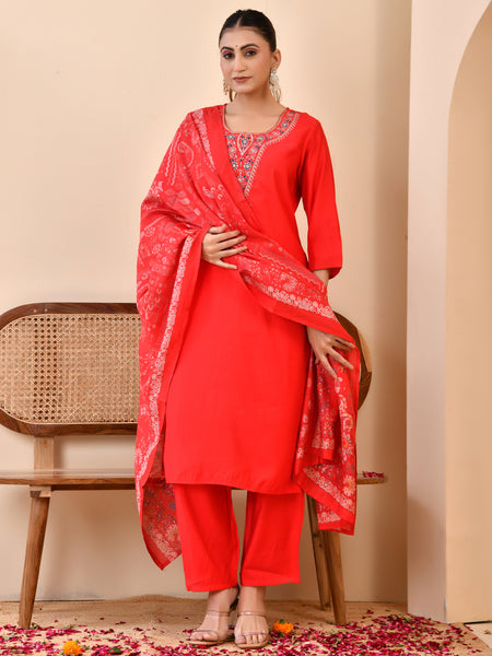 Chanderi Madder Solid Embroidered Kurta Pant And Printed Dupatta Set
