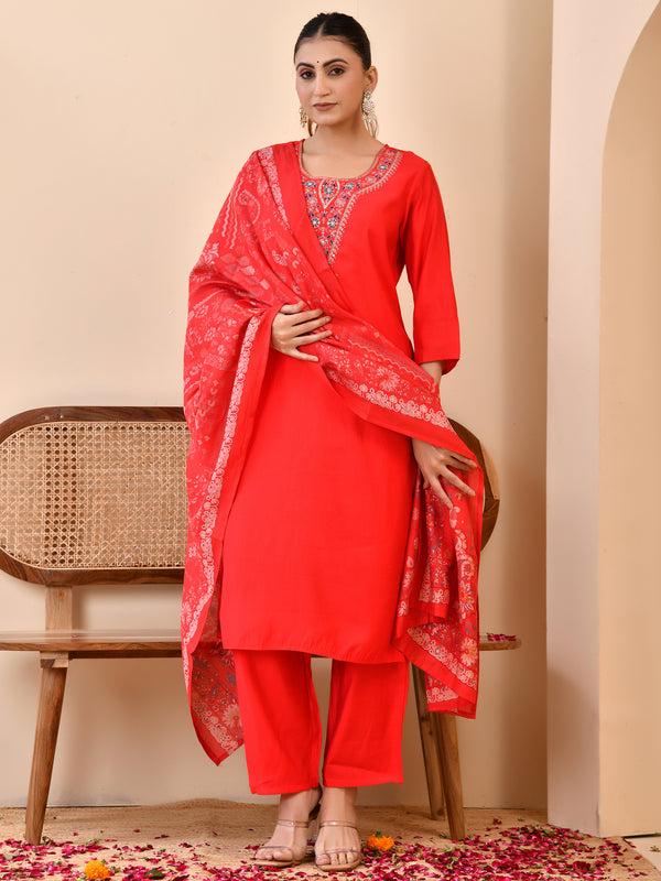 Chanderi Madder Solid Embroidered Kurta Pant And Printed Dupatta Set