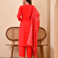 Chanderi Madder Solid Embroidered Kurta Pant And Printed Dupatta Set