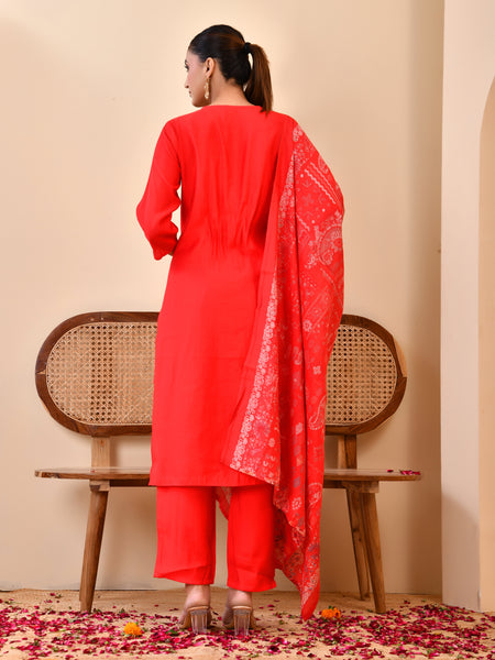 Chanderi Madder Solid Embroidered Kurta Pant And Printed Dupatta Set