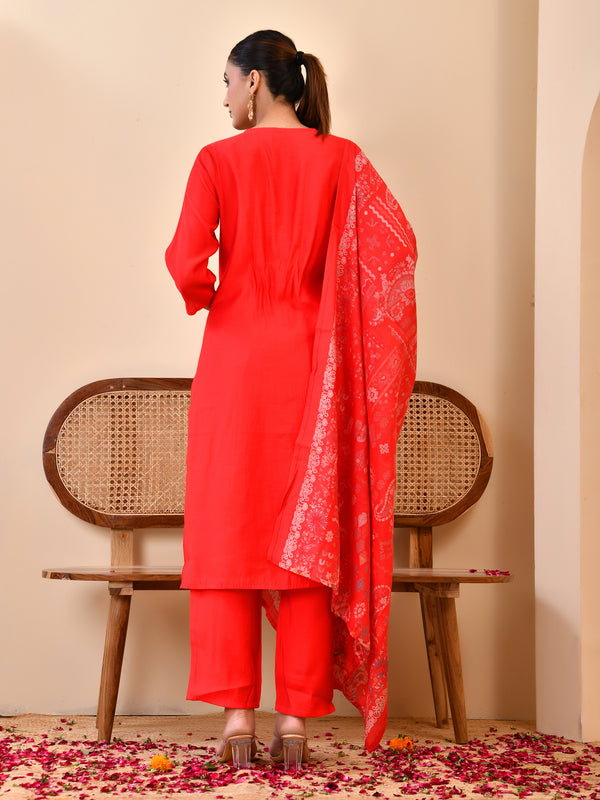 Chanderi Madder Solid Embroidered Kurta Pant And Printed Dupatta Set