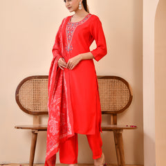 Chanderi Madder Solid Embroidered Kurta Pant And Printed Dupatta Set