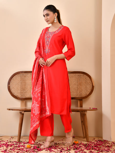 Chanderi Madder Solid Embroidered Kurta Pant And Printed Dupatta Set