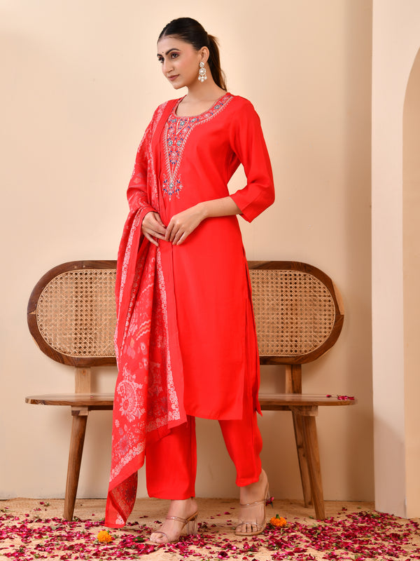 Chanderi Madder Solid Embroidered Kurta Pant And Printed Dupatta Set