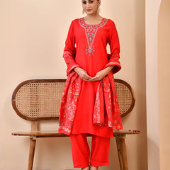 Chanderi Madder Solid Embroidered Kurta Pant And Printed Dupatta Set