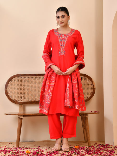 Chanderi Madder Solid Embroidered Kurta Pant And Printed Dupatta Set