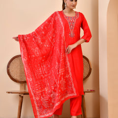 Chanderi Madder Solid Embroidered Kurta Pant And Printed Dupatta Set