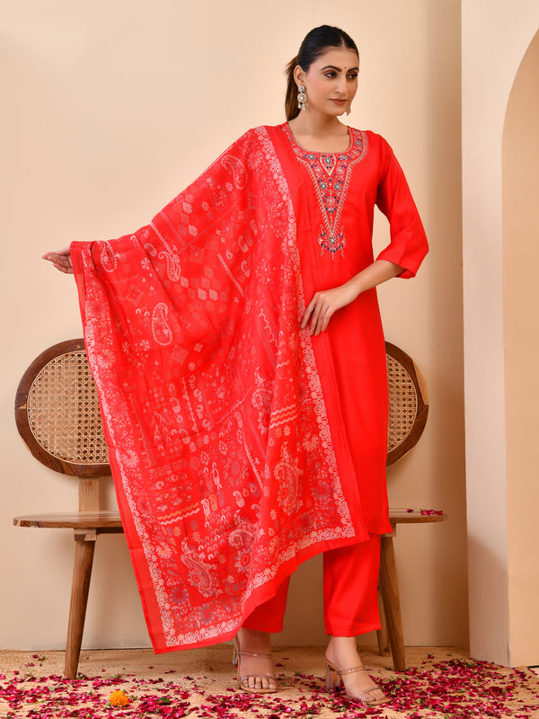 Chanderi Madder Solid Embroidered Kurta Pant And Printed Dupatta Set