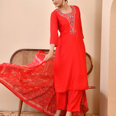 Chanderi Madder Solid Embroidered Kurta Pant And Printed Dupatta Set
