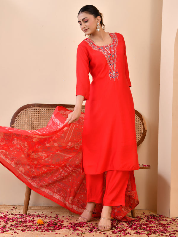 Chanderi Madder Solid Embroidered Kurta Pant And Printed Dupatta Set