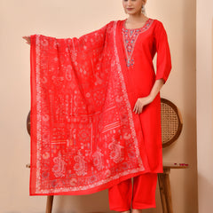 Chanderi Madder Solid Embroidered Kurta Pant And Printed Dupatta Set