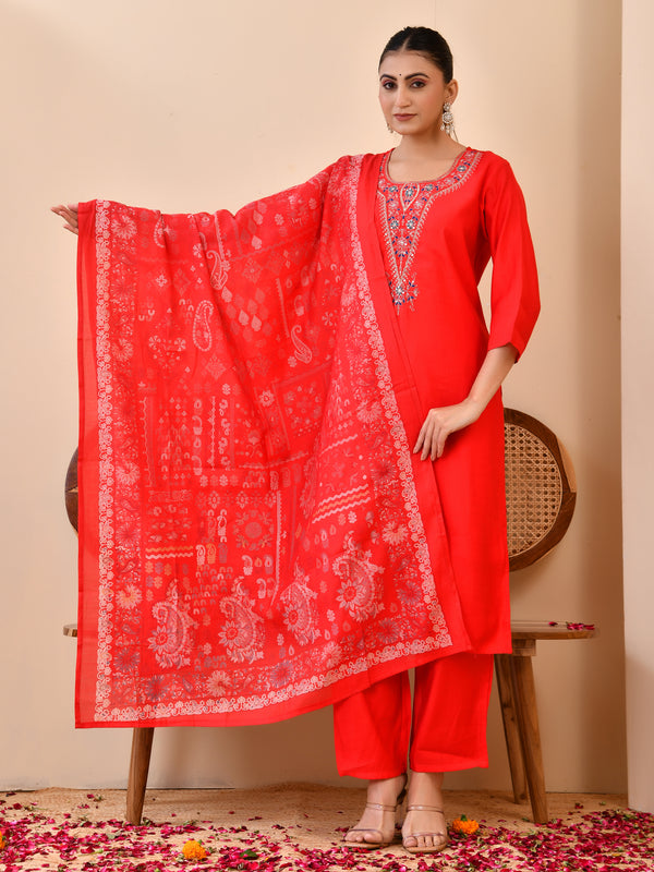 Chanderi Madder Solid Embroidered Kurta Pant And Printed Dupatta Set