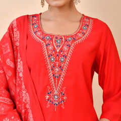 Chanderi Madder Solid Embroidered Kurta Pant And Printed Dupatta Set