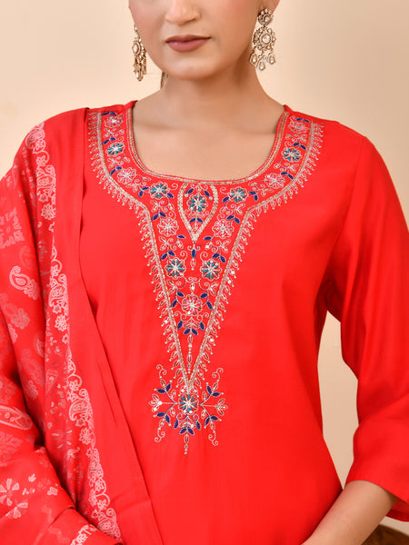 Chanderi Madder Solid Embroidered Kurta Pant And Printed Dupatta Set