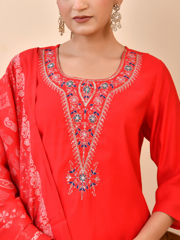 Chanderi Madder Solid Embroidered Kurta Pant And Printed Dupatta Set