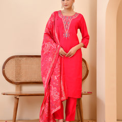 Chanderi Vermillion Solid Embroidered Kurta Pant And Printed Dupatta Set