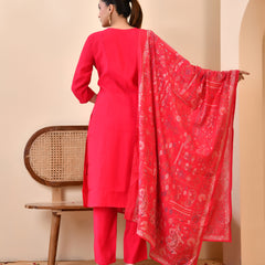 Chanderi Vermillion Solid Embroidered Kurta Pant And Printed Dupatta Set