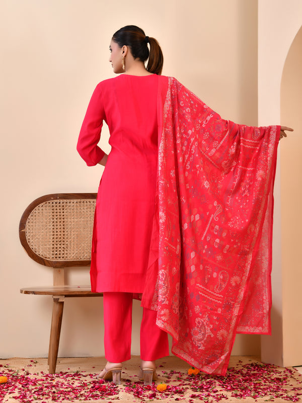 Chanderi Vermillion Solid Embroidered Kurta Pant And Printed Dupatta Set