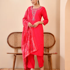 Chanderi Vermillion Solid Embroidered Kurta Pant And Printed Dupatta Set