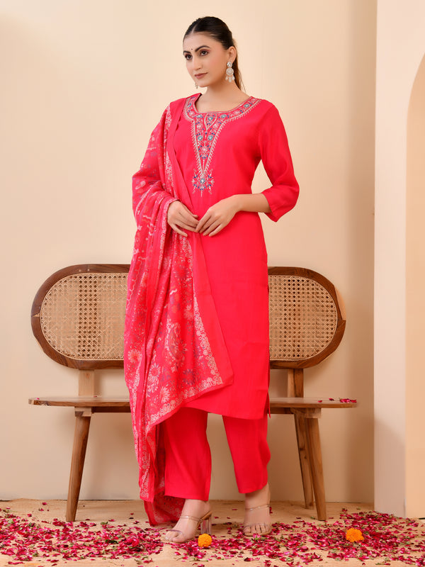 Chanderi Vermillion Solid Embroidered Kurta Pant And Printed Dupatta Set