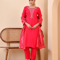 Chanderi Vermillion Solid Embroidered Kurta Pant And Printed Dupatta Set