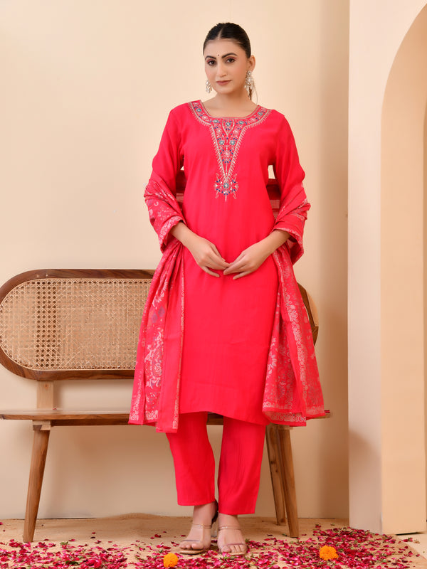 Chanderi Vermillion Solid Embroidered Kurta Pant And Printed Dupatta Set