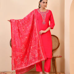 Chanderi Vermillion Solid Embroidered Kurta Pant And Printed Dupatta Set