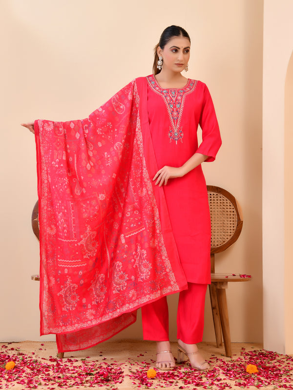 Chanderi Vermillion Solid Embroidered Kurta Pant And Printed Dupatta Set