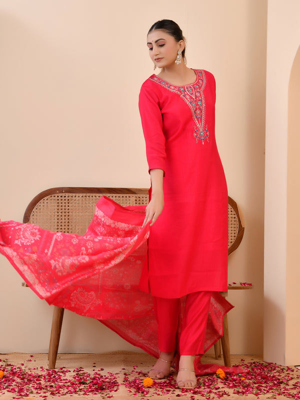 Chanderi Vermillion Solid Embroidered Kurta Pant And Printed Dupatta Set