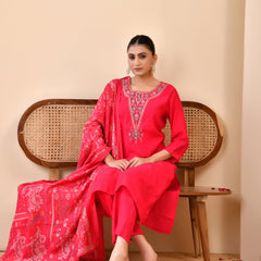 Chanderi Vermillion Solid Embroidered Kurta Pant And Printed Dupatta Set